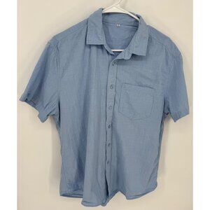 Light Blue Short Sleeve Button-Up Cotton Linen Blend Shirt With Pocket